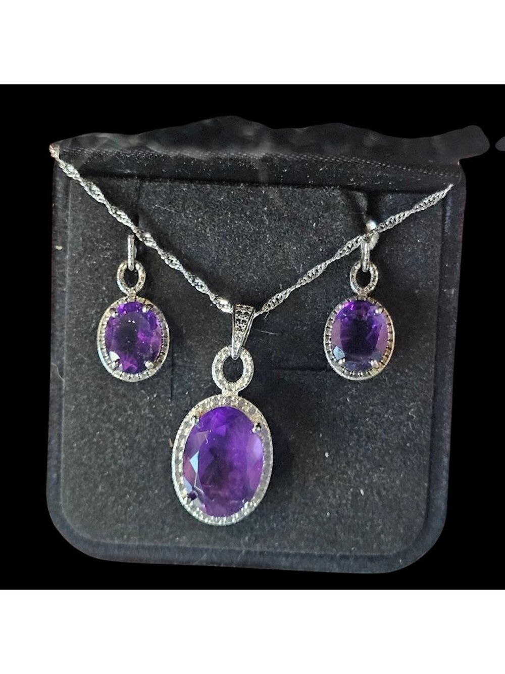 Amethyst Necklace Set Earrings Sterling Silver Oval Purple Gift For Her 18"